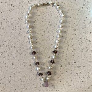 Handmade Pearl & Crystal Bead Necklace with Amethyst Drop
